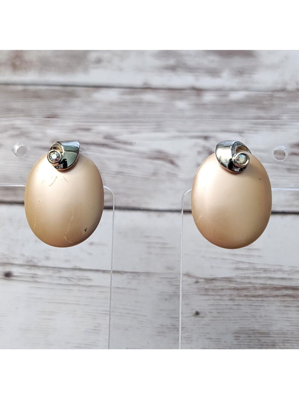 Vintage Clip On Earrings - Pearlescent Oval with Detail - Some Marks